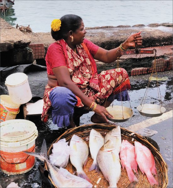 The woman selling fish by the jetty.
