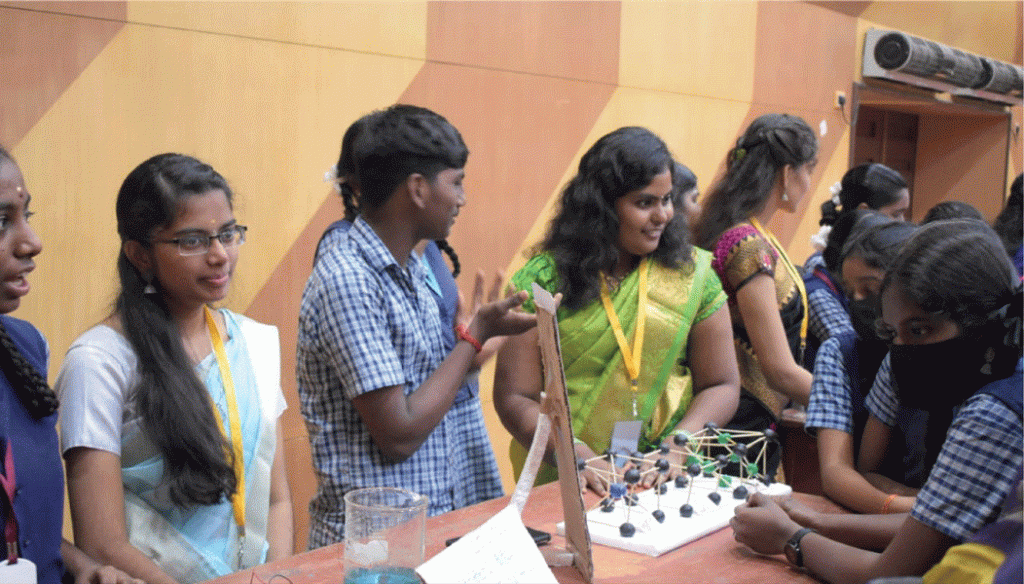 School students exhibit their science concepts at the college campus under Project Vizhithiru.