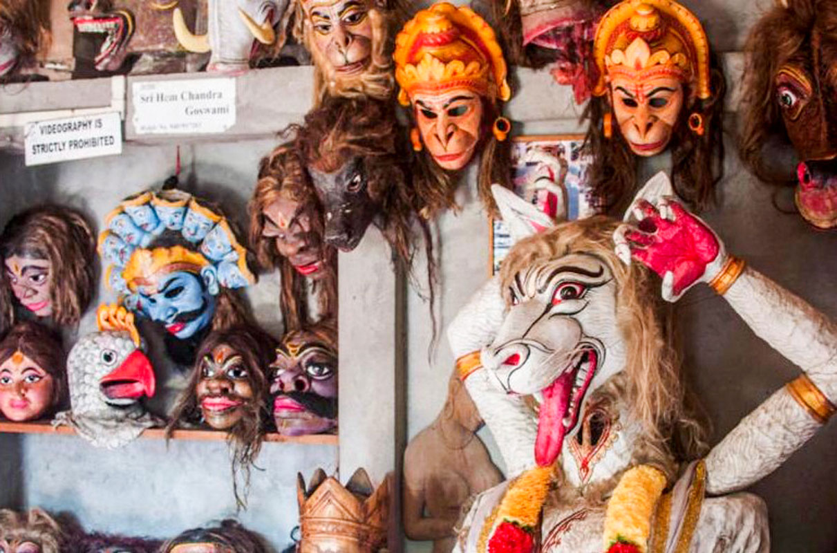 A variety of masks at a workshop in the Majuli island. 