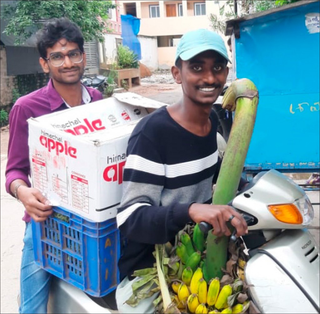 Delivering fruits and vegetables to the old age home and an orphanage.